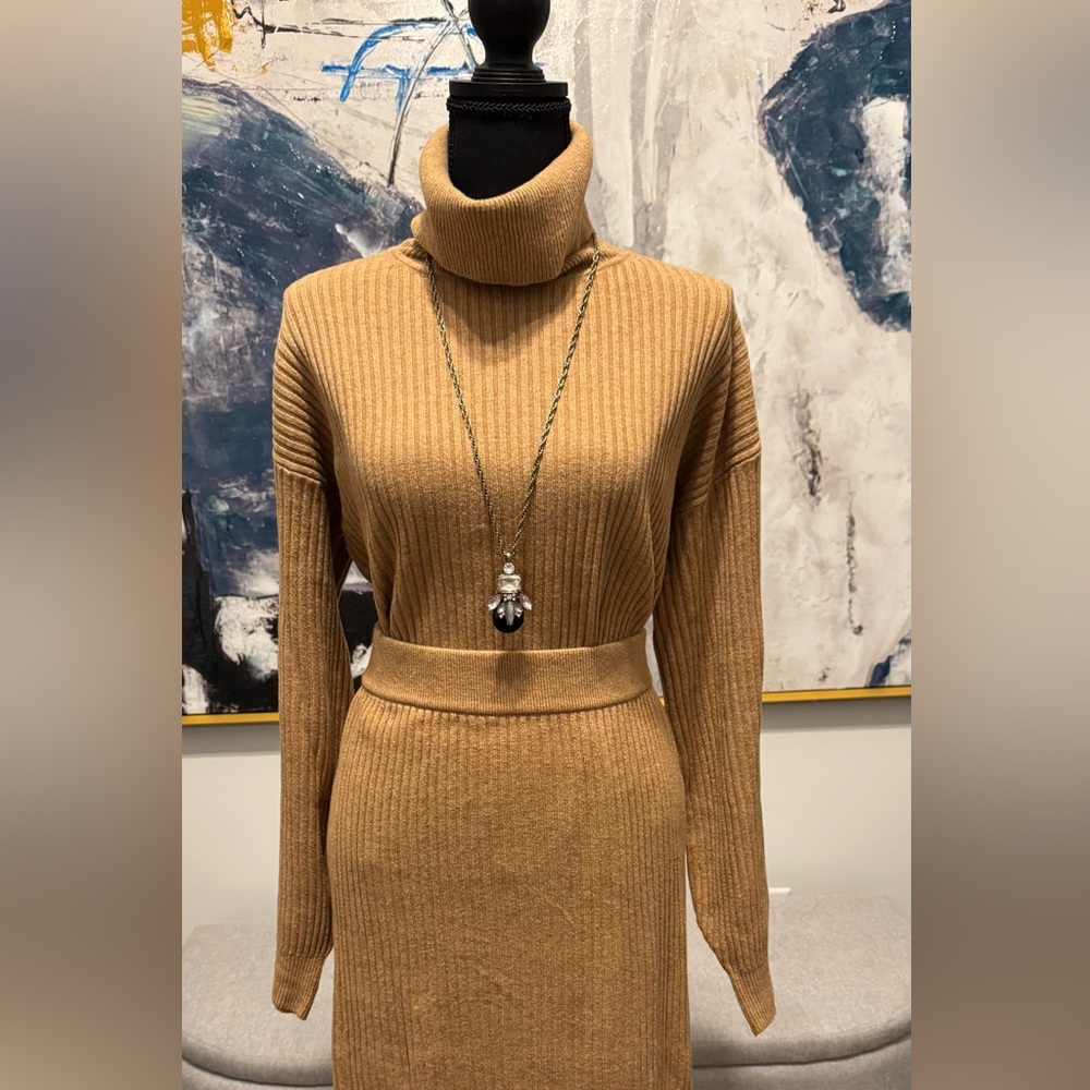 Elegant Tan Ribbed Knit Turtleneck Sweater